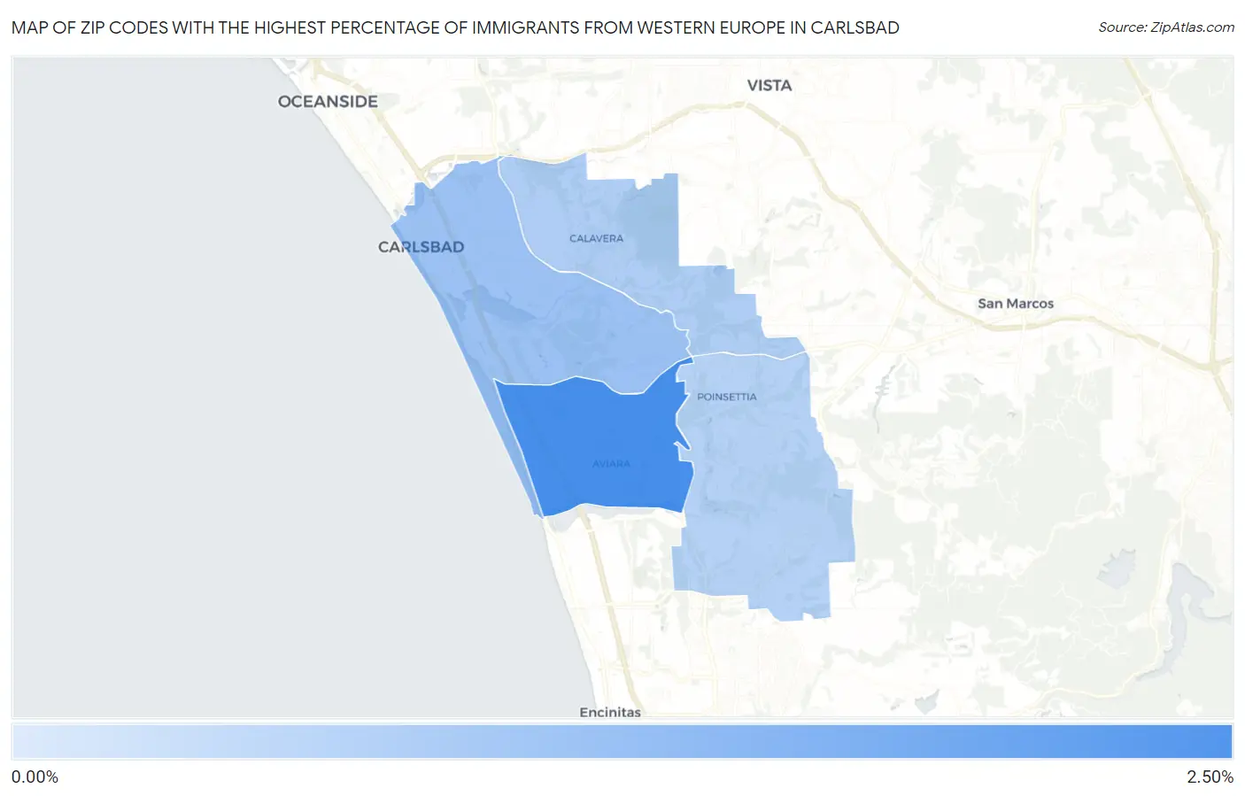 Zip Codes with the Highest Percentage of Immigrants from Western Europe in Carlsbad Map