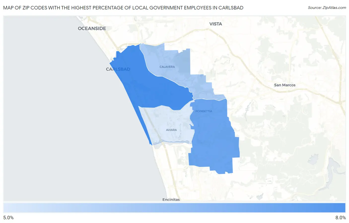 Zip Codes with the Highest Percentage of Local Government Employees in Carlsbad Map