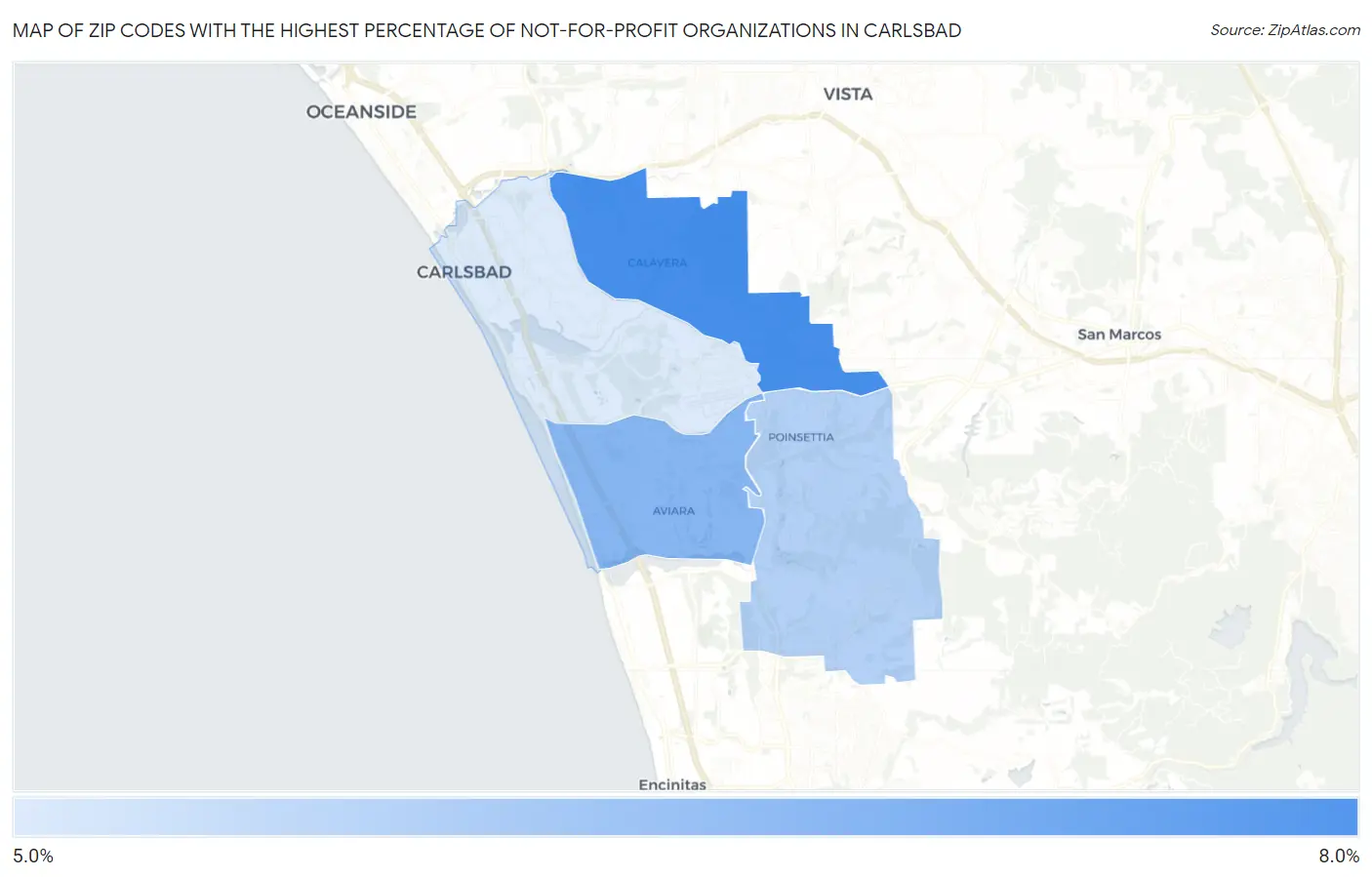 Zip Codes with the Highest Percentage of Not-for-profit Organizations in Carlsbad Map