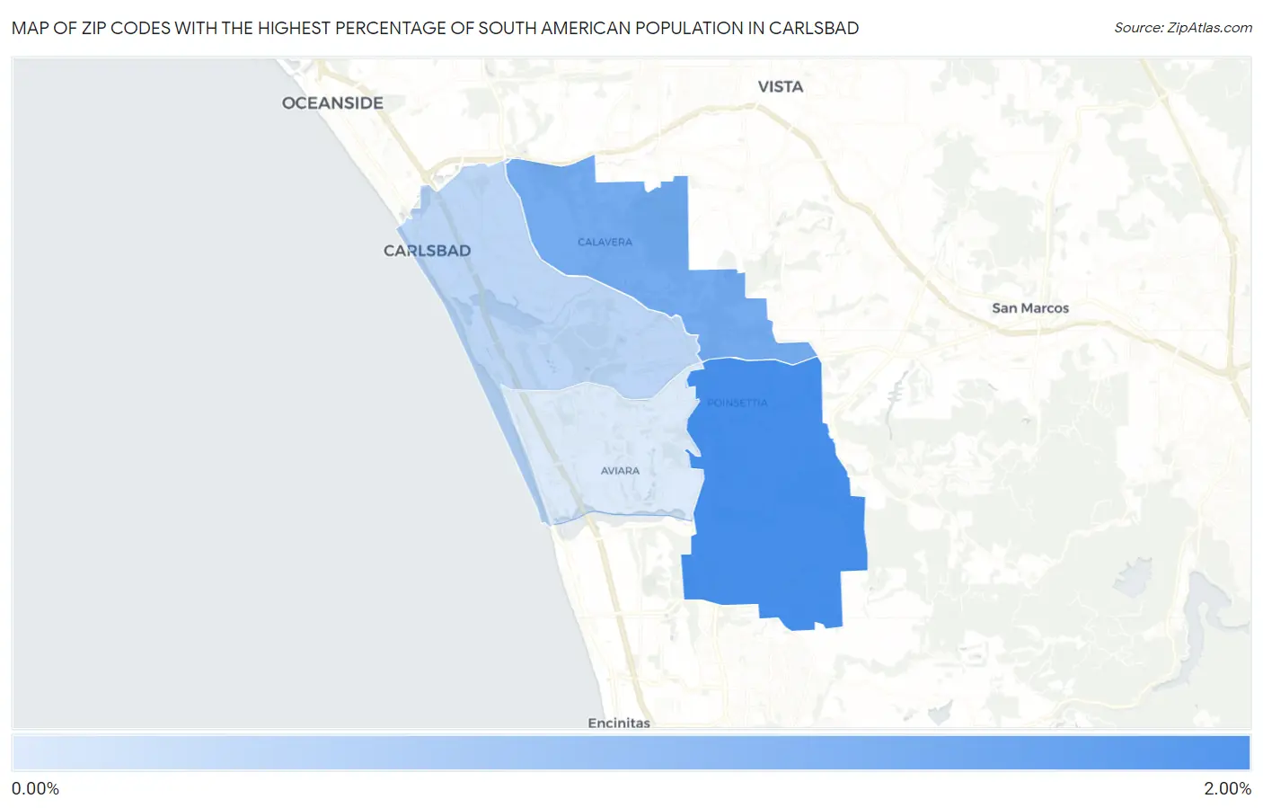 Zip Codes with the Highest Percentage of South American Population in Carlsbad Map