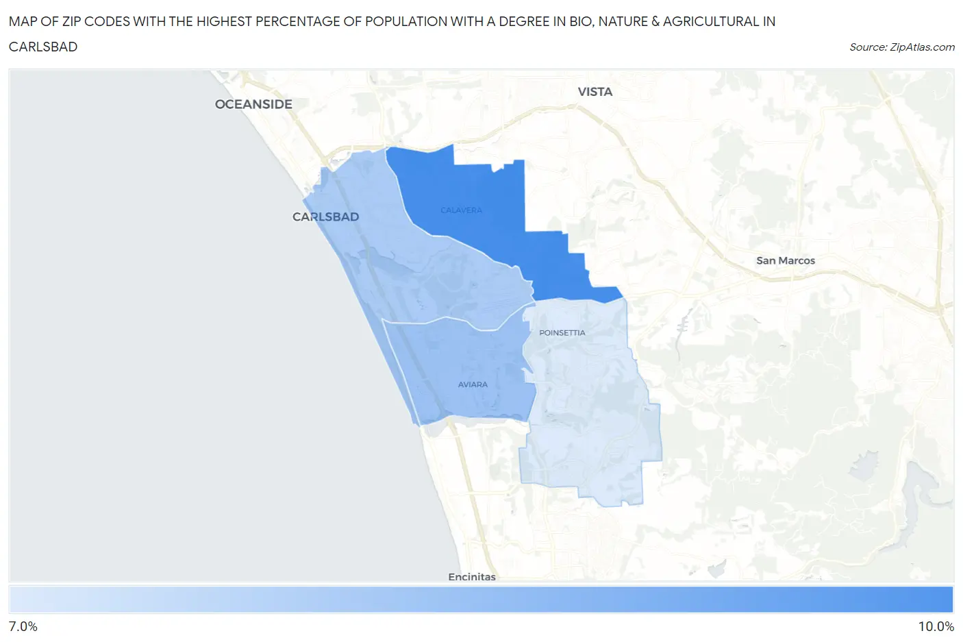 Zip Codes with the Highest Percentage of Population with a Degree in Bio, Nature & Agricultural in Carlsbad Map