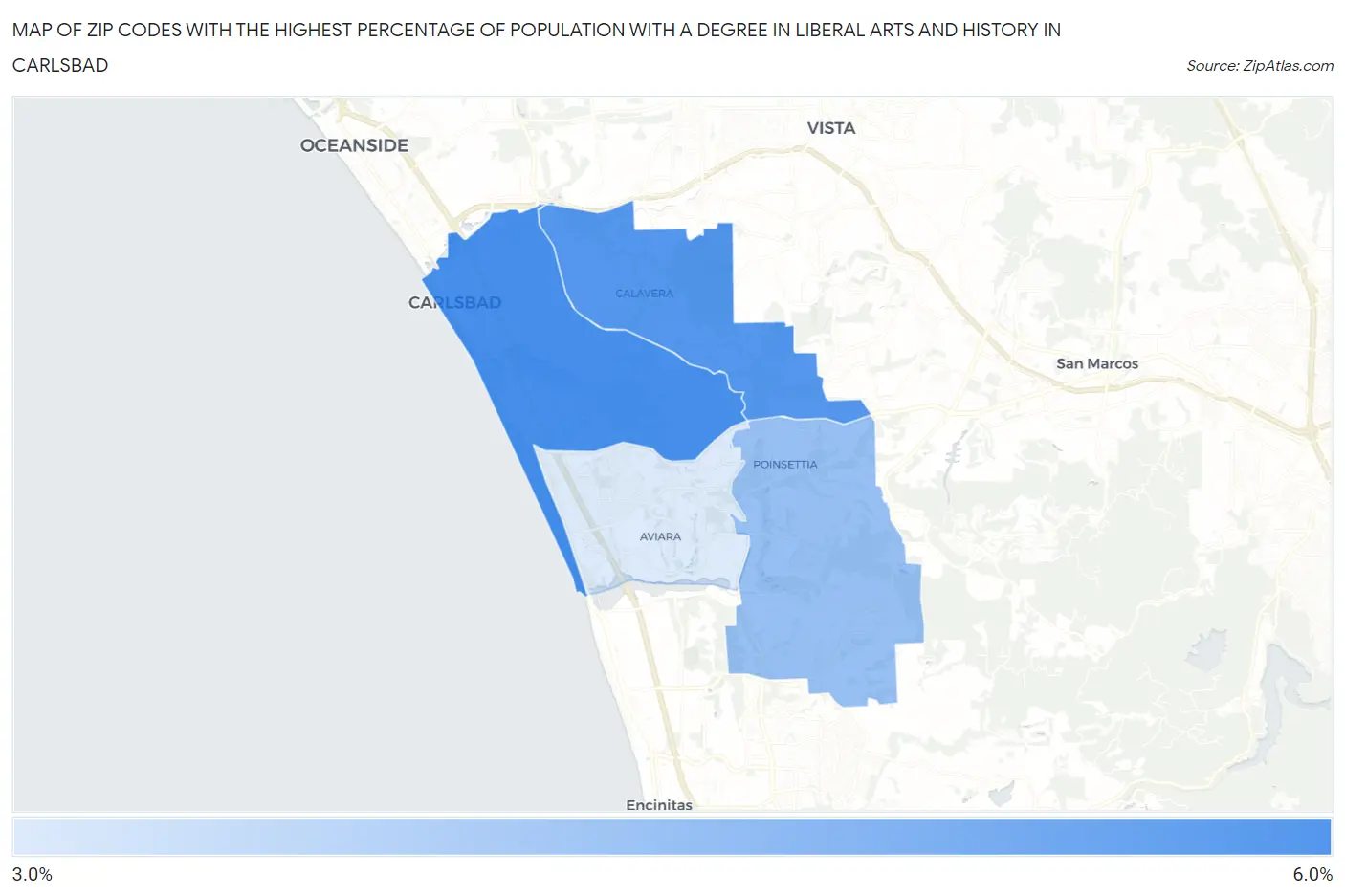 Zip Codes with the Highest Percentage of Population with a Degree in Liberal Arts and History in Carlsbad Map