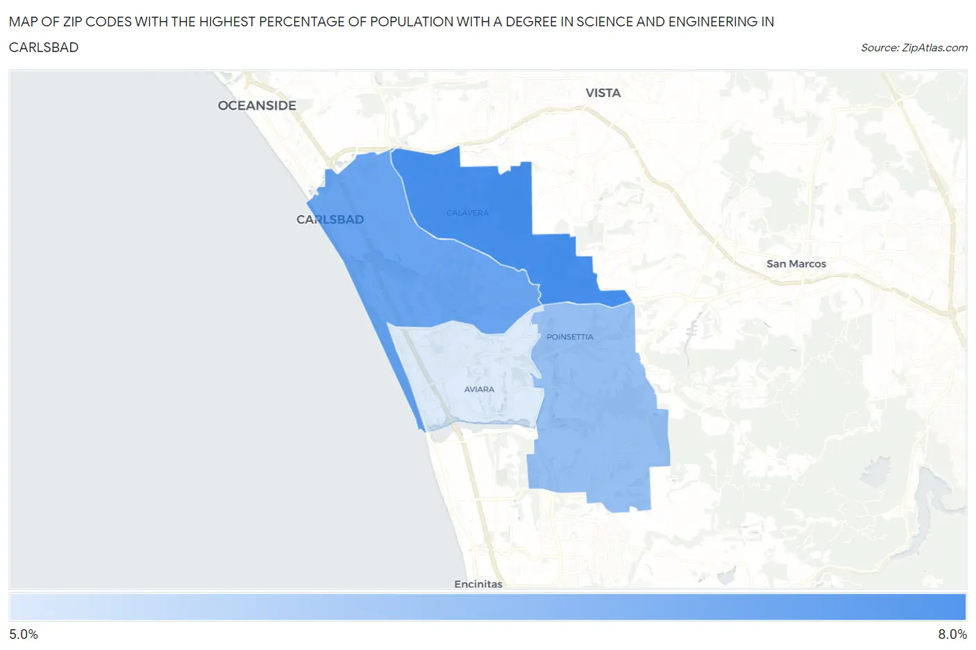 Zip Codes with the Highest Percentage of Population with a Degree in Science and Engineering in Carlsbad Map