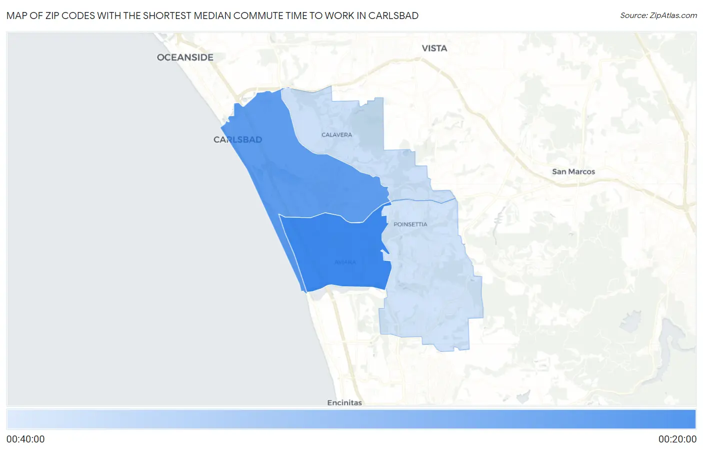 Zip Codes with the Shortest Median Commute Time to Work in Carlsbad Map