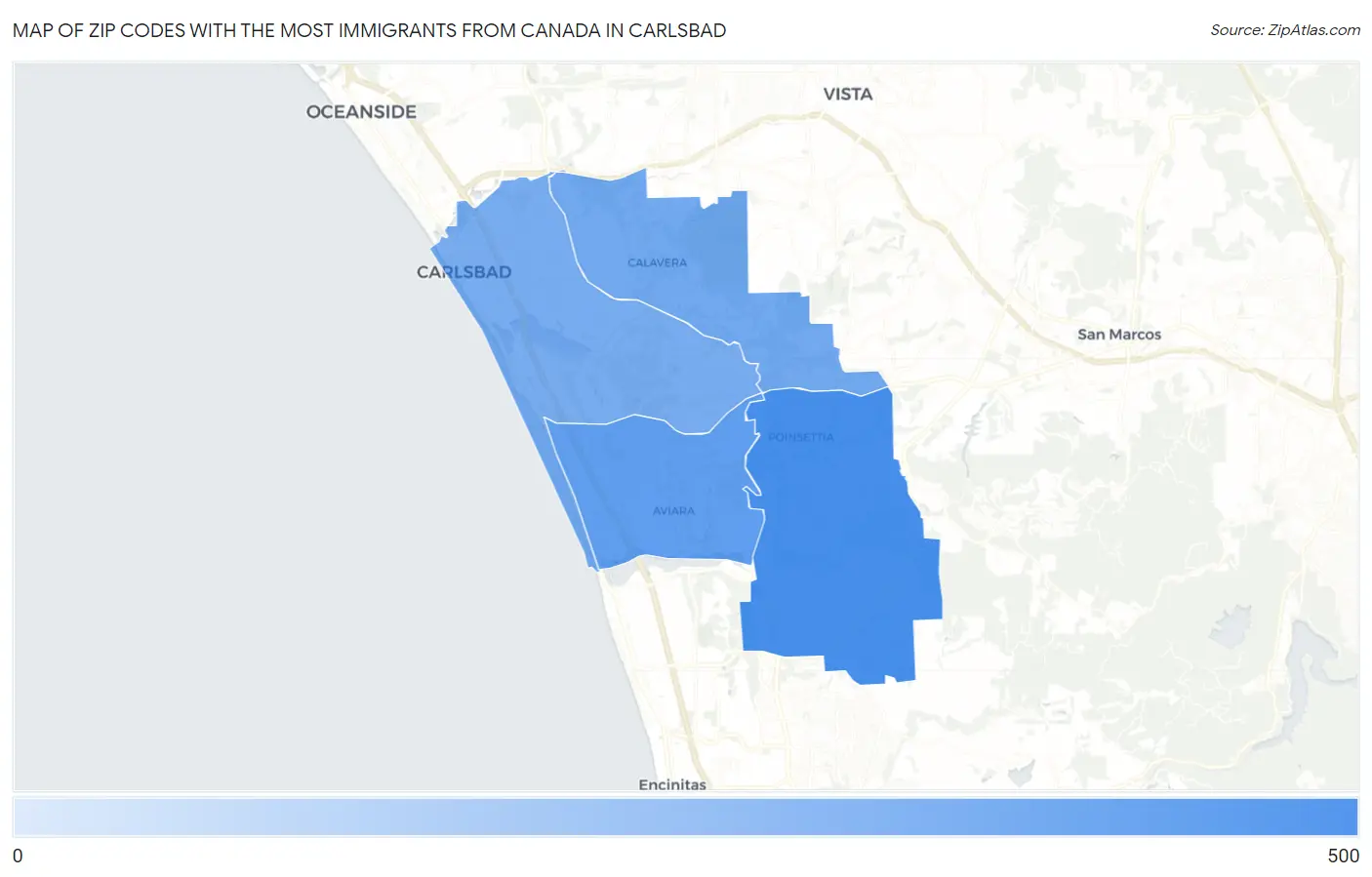 Zip Codes with the Most Immigrants from Canada in Carlsbad Map
