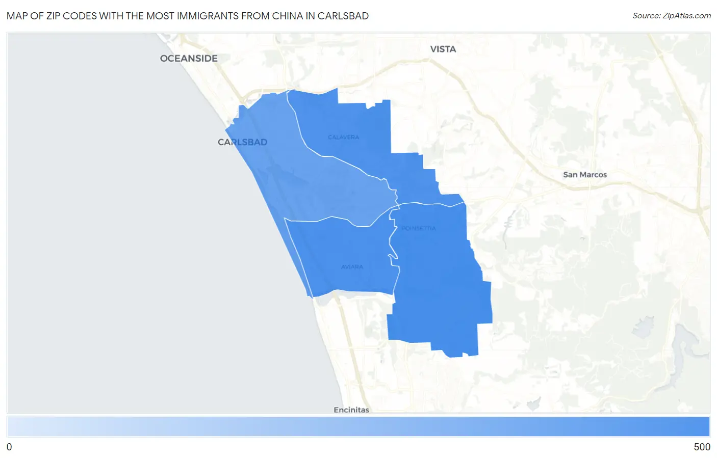 Zip Codes with the Most Immigrants from China in Carlsbad Map