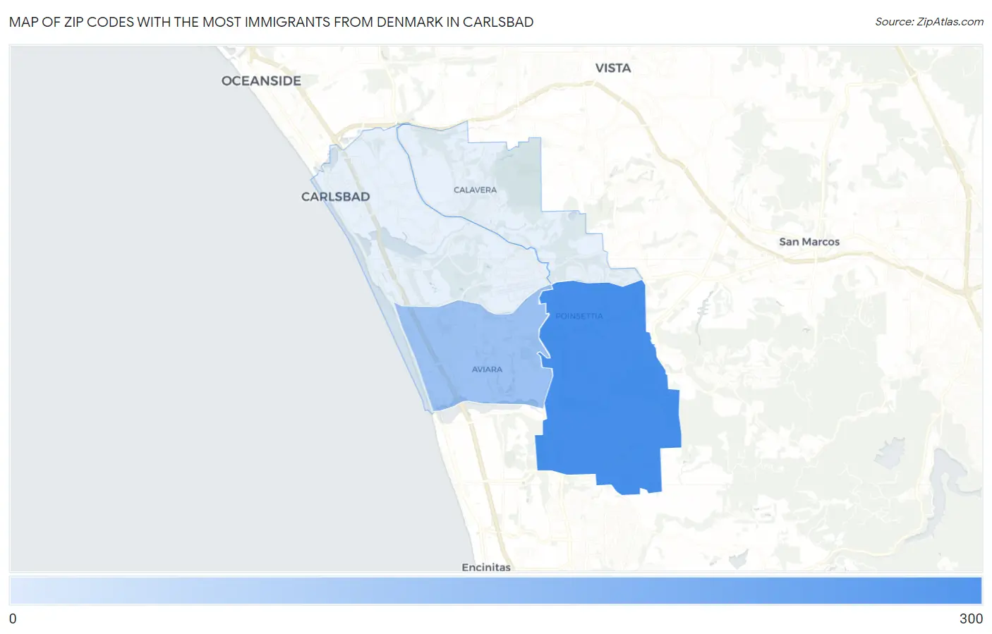 Zip Codes with the Most Immigrants from Denmark in Carlsbad Map