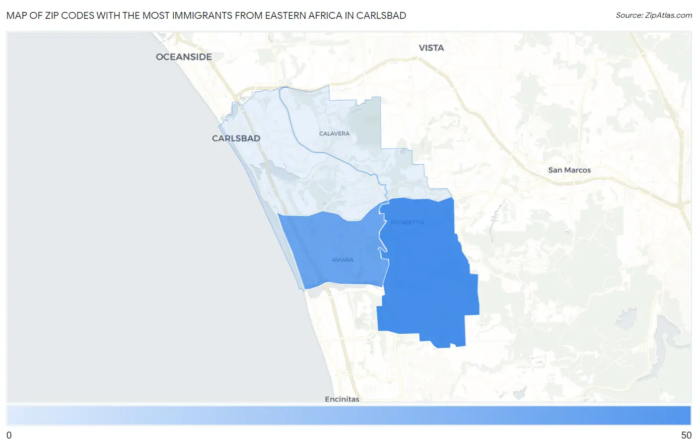 Zip Codes with the Most Immigrants from Eastern Africa in Carlsbad Map