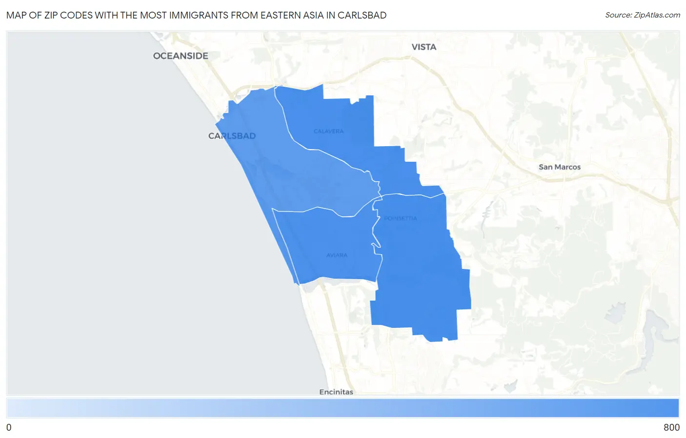 Zip Codes with the Most Immigrants from Eastern Asia in Carlsbad Map