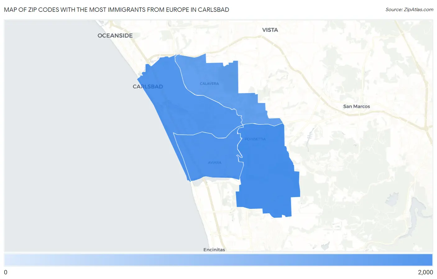 Zip Codes with the Most Immigrants from Europe in Carlsbad Map