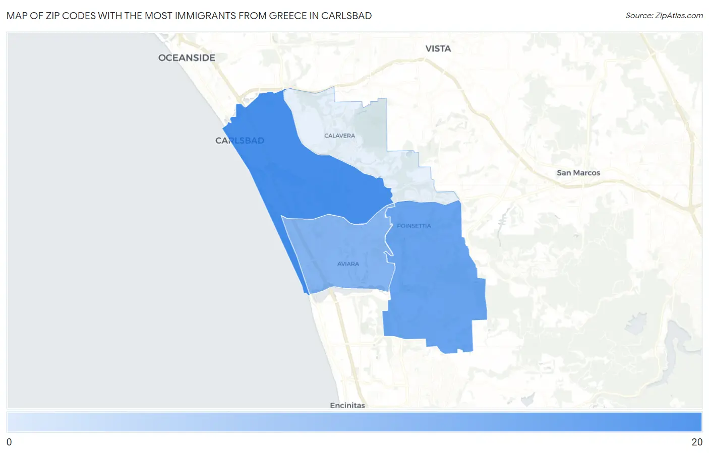 Zip Codes with the Most Immigrants from Greece in Carlsbad Map