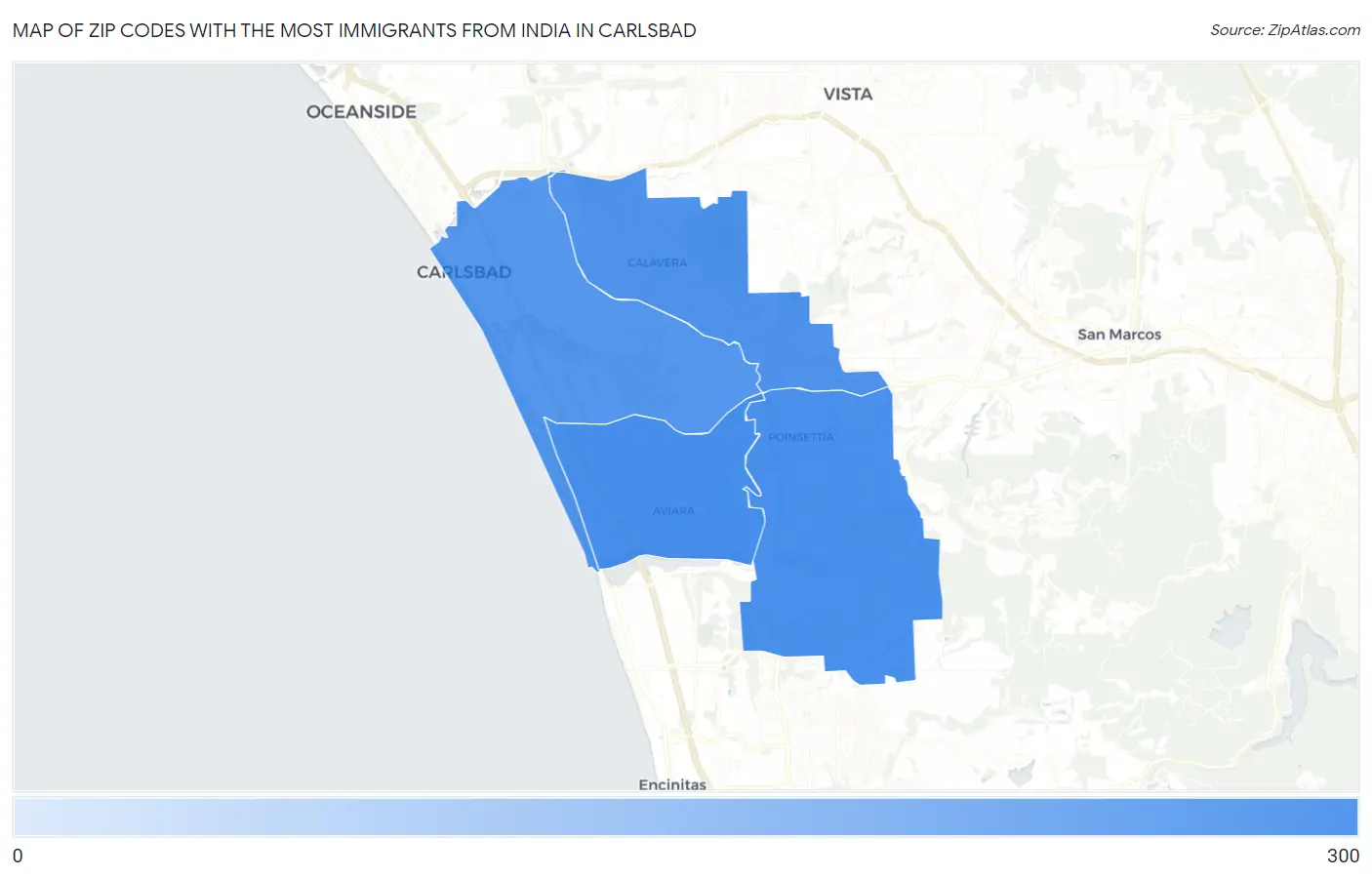 Zip Codes with the Most Immigrants from India in Carlsbad Map