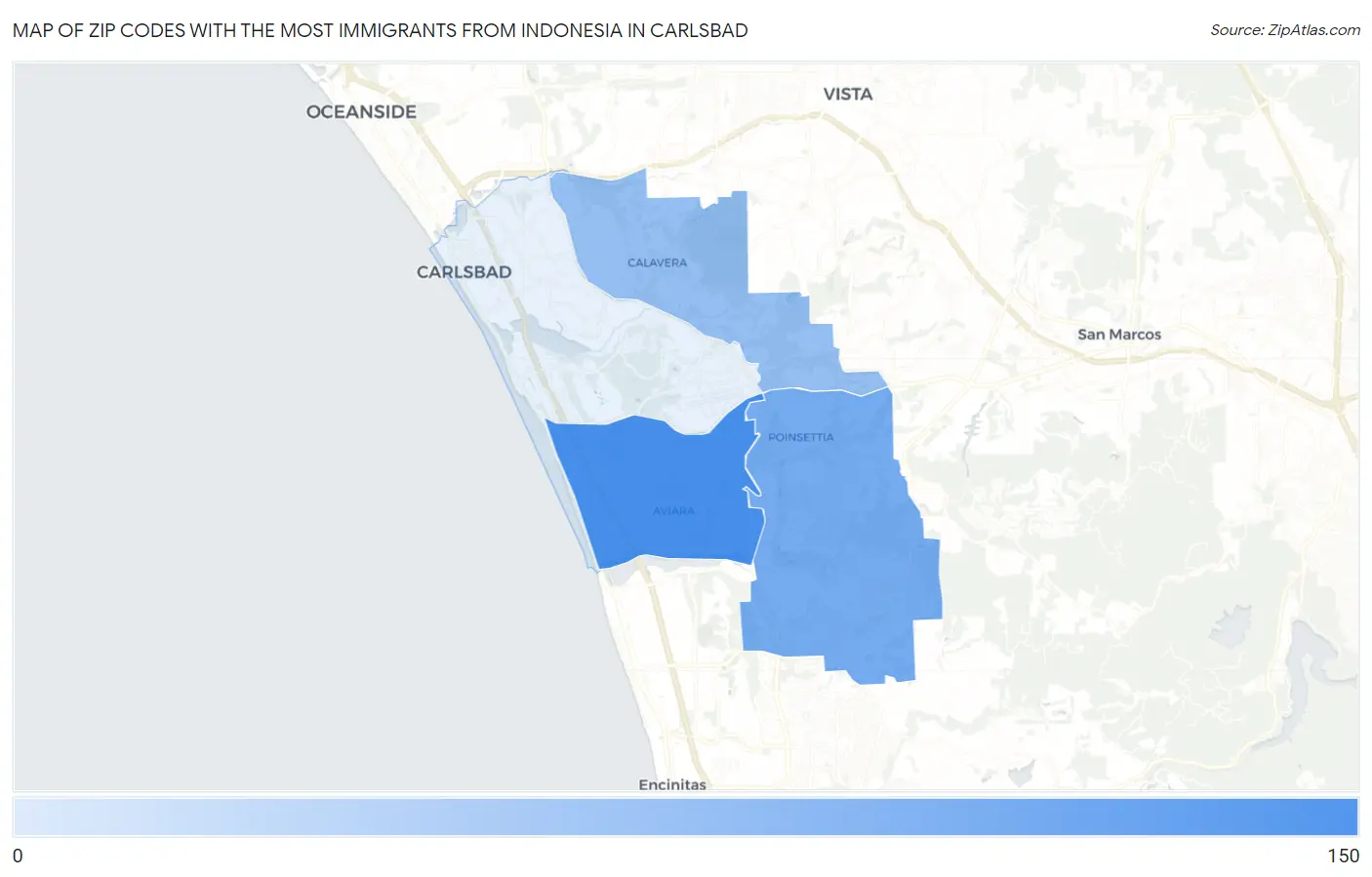 Zip Codes with the Most Immigrants from Indonesia in Carlsbad Map
