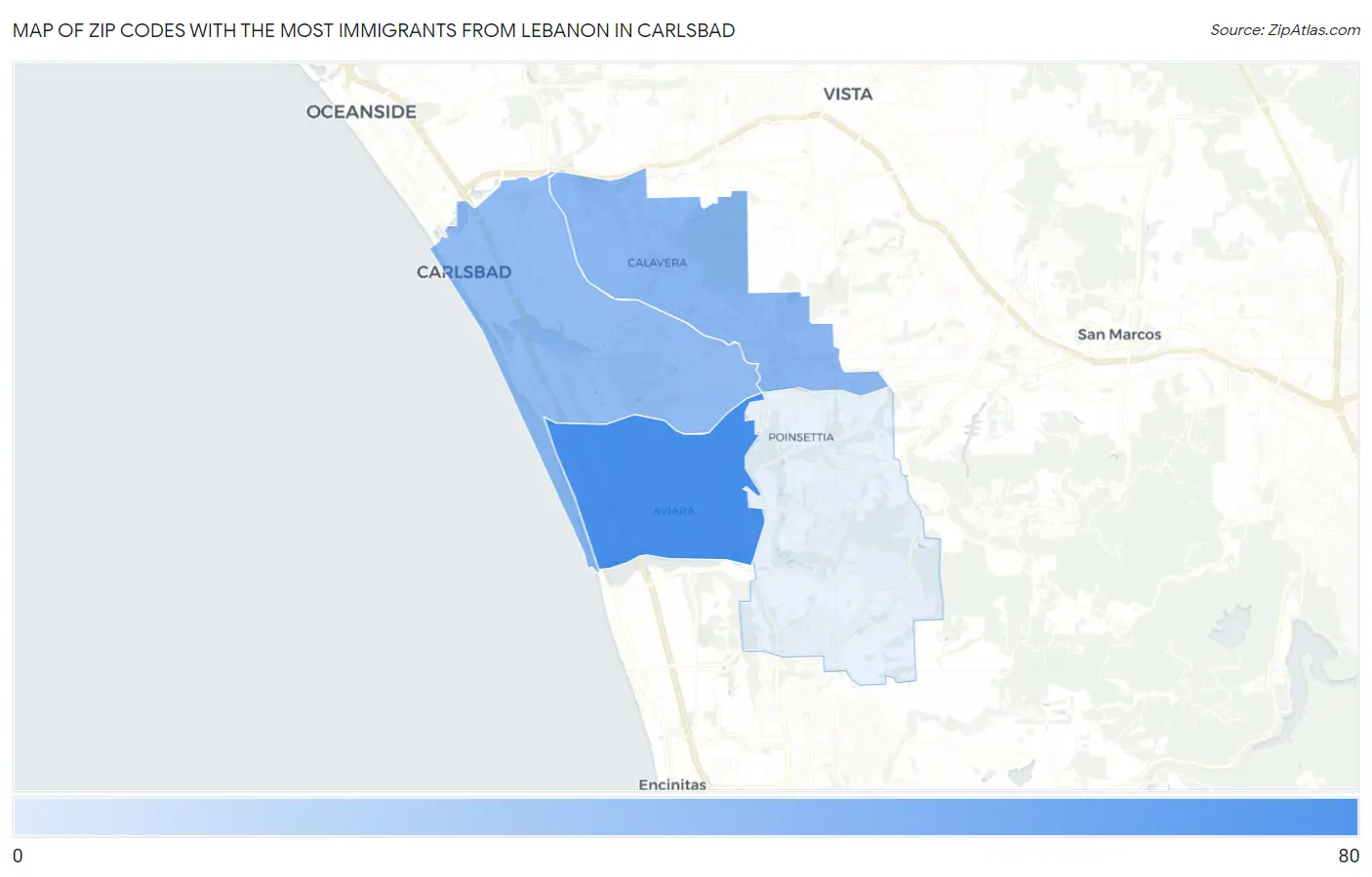 Zip Codes with the Most Immigrants from Lebanon in Carlsbad Map