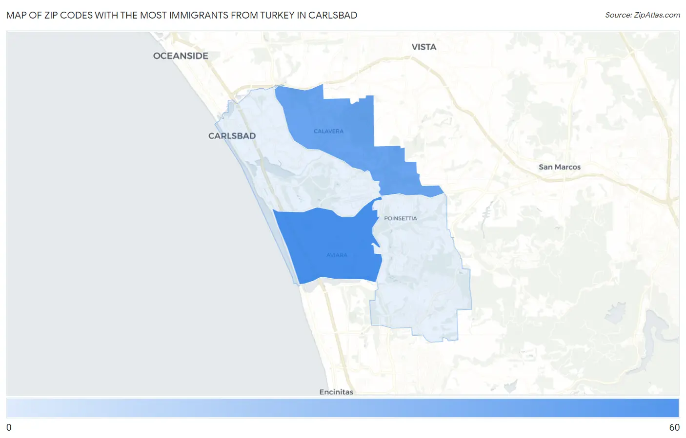 Zip Codes with the Most Immigrants from Turkey in Carlsbad Map