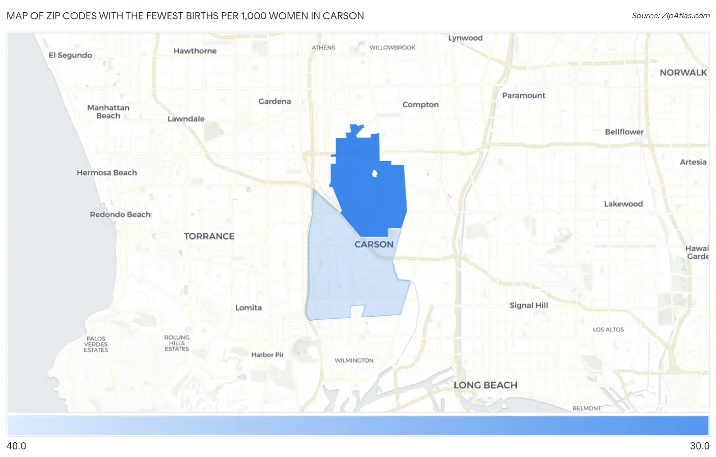 Zip Codes with the Fewest Births per 1,000 Women in Carson Map