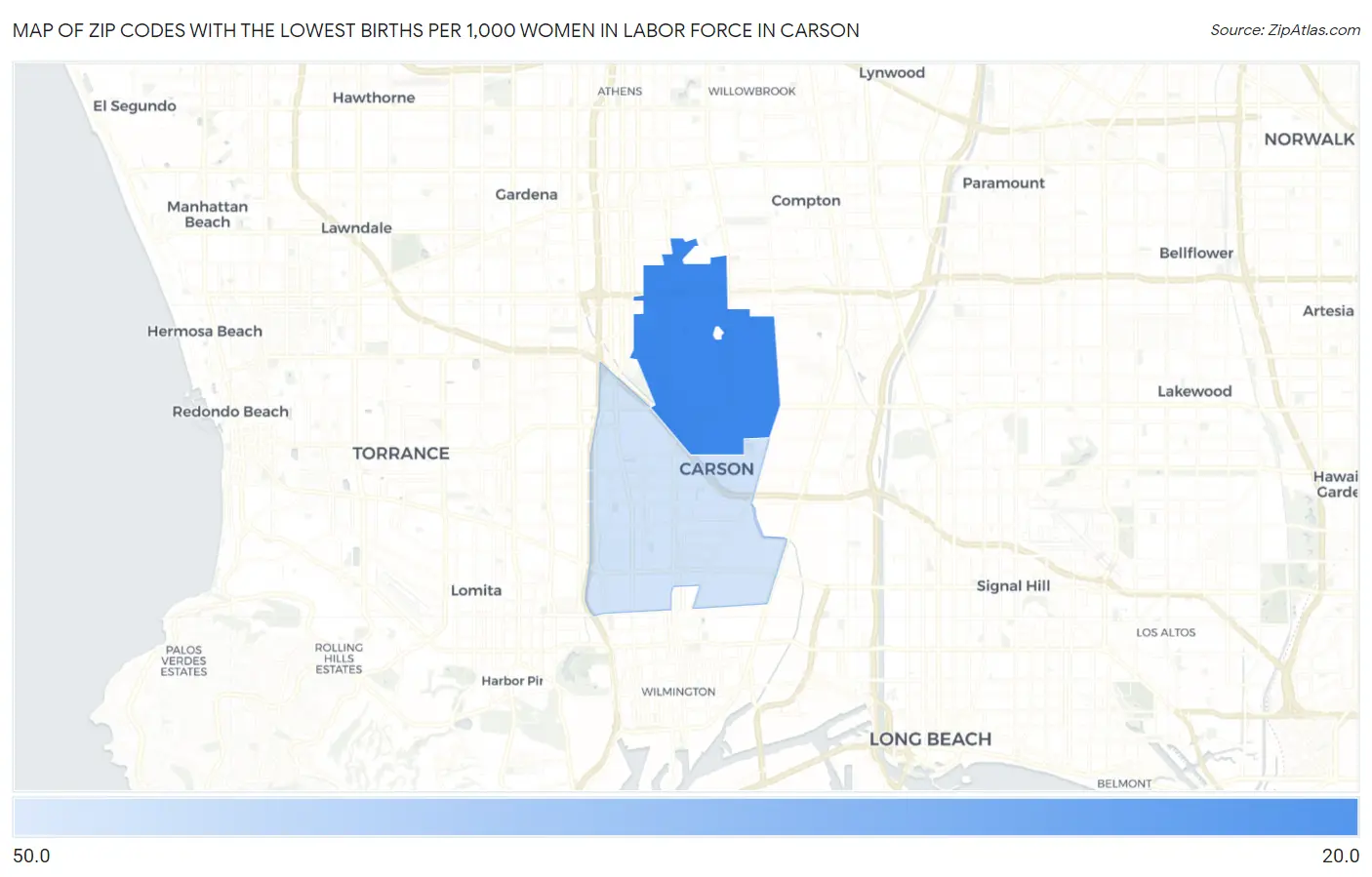 Zip Codes with the Lowest Births per 1,000 Women in Labor Force in Carson Map