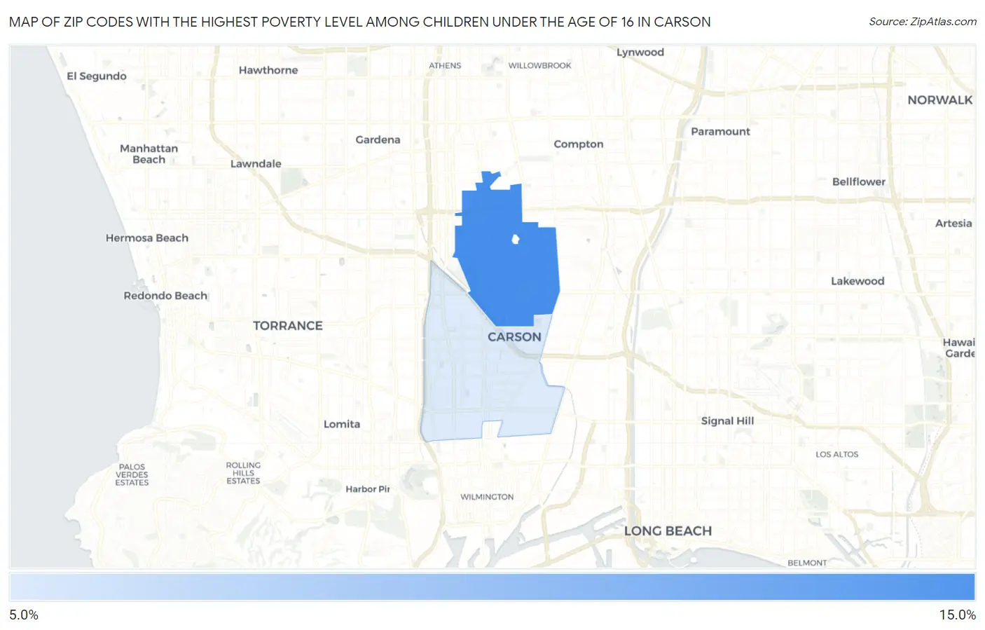 Zip Codes with the Highest Poverty Level Among Children Under the Age of 16 in Carson Map