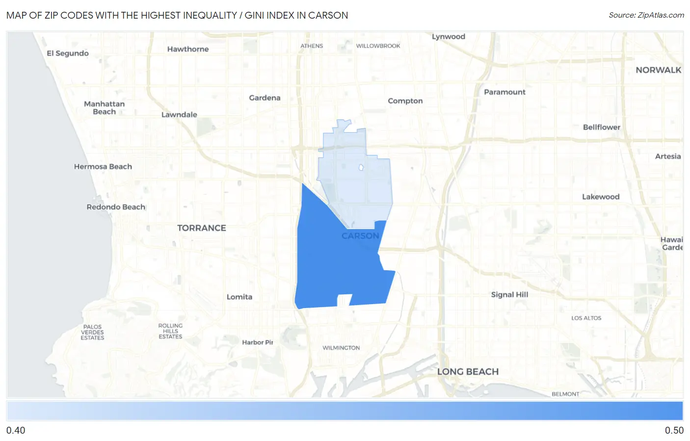 Zip Codes with the Highest Inequality / Gini Index in Carson Map