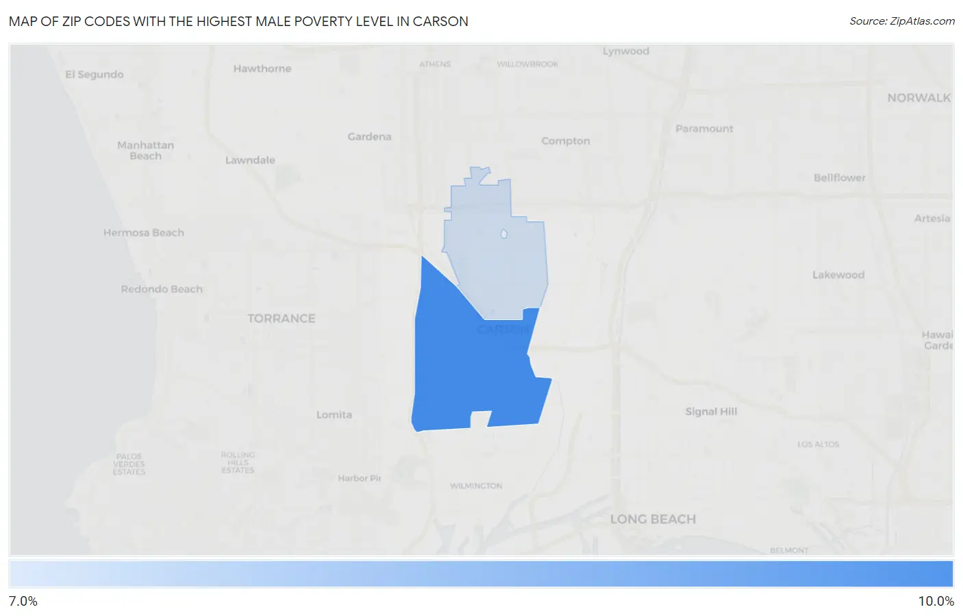 Zip Codes with the Highest Male Poverty Level in Carson Map