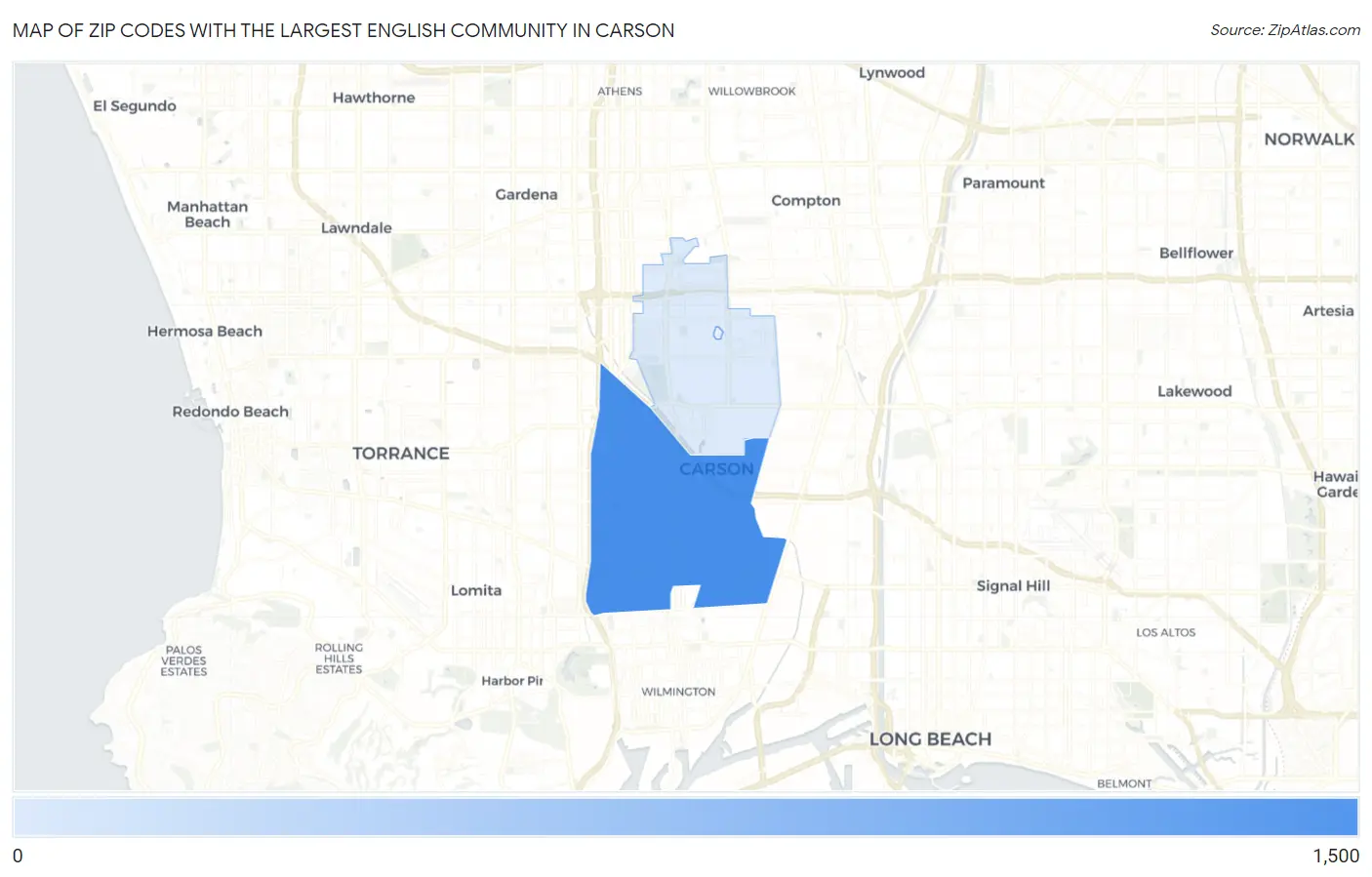 Zip Codes with the Largest English Community in Carson Map