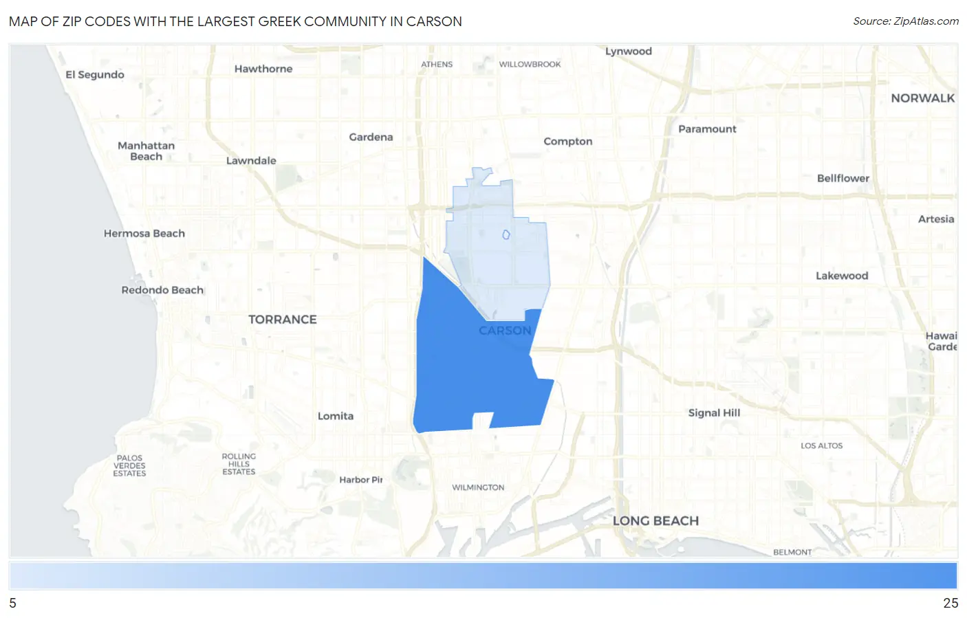 Zip Codes with the Largest Greek Community in Carson Map
