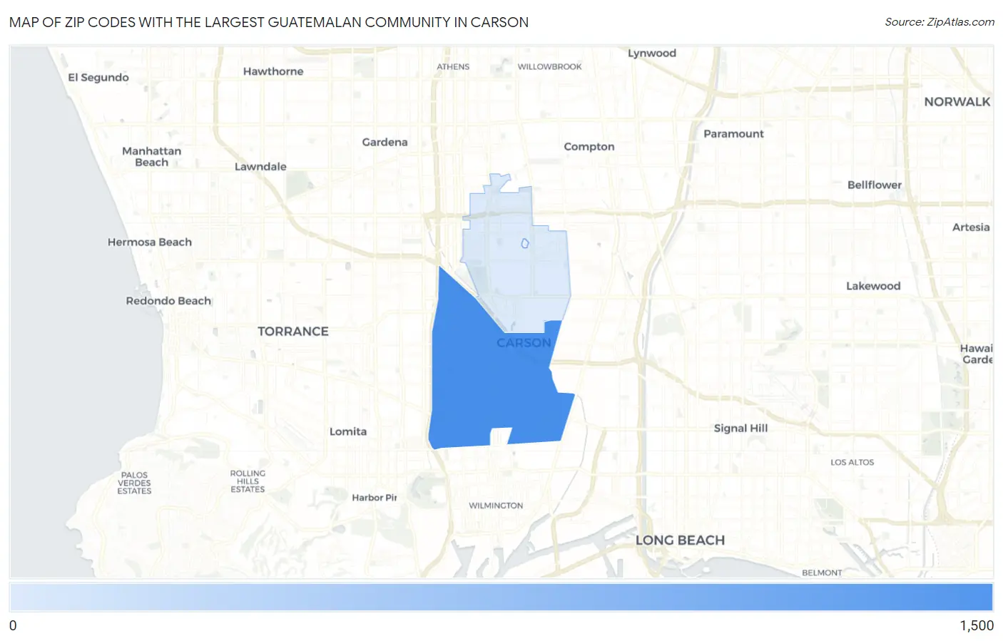 Zip Codes with the Largest Guatemalan Community in Carson Map