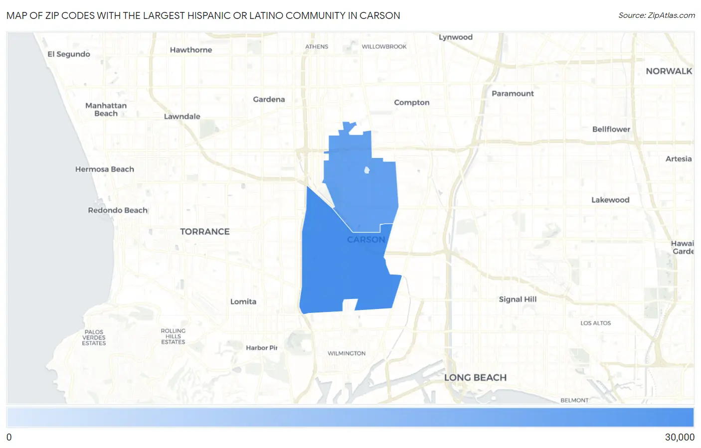 Zip Codes with the Largest Hispanic or Latino Community in Carson Map