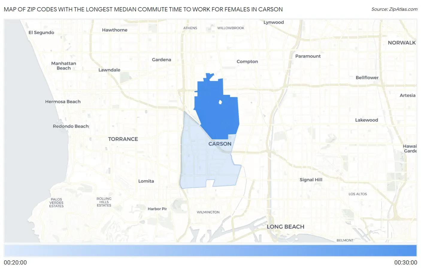 Zip Codes with the Longest Median Commute Time to Work for Females in Carson Map