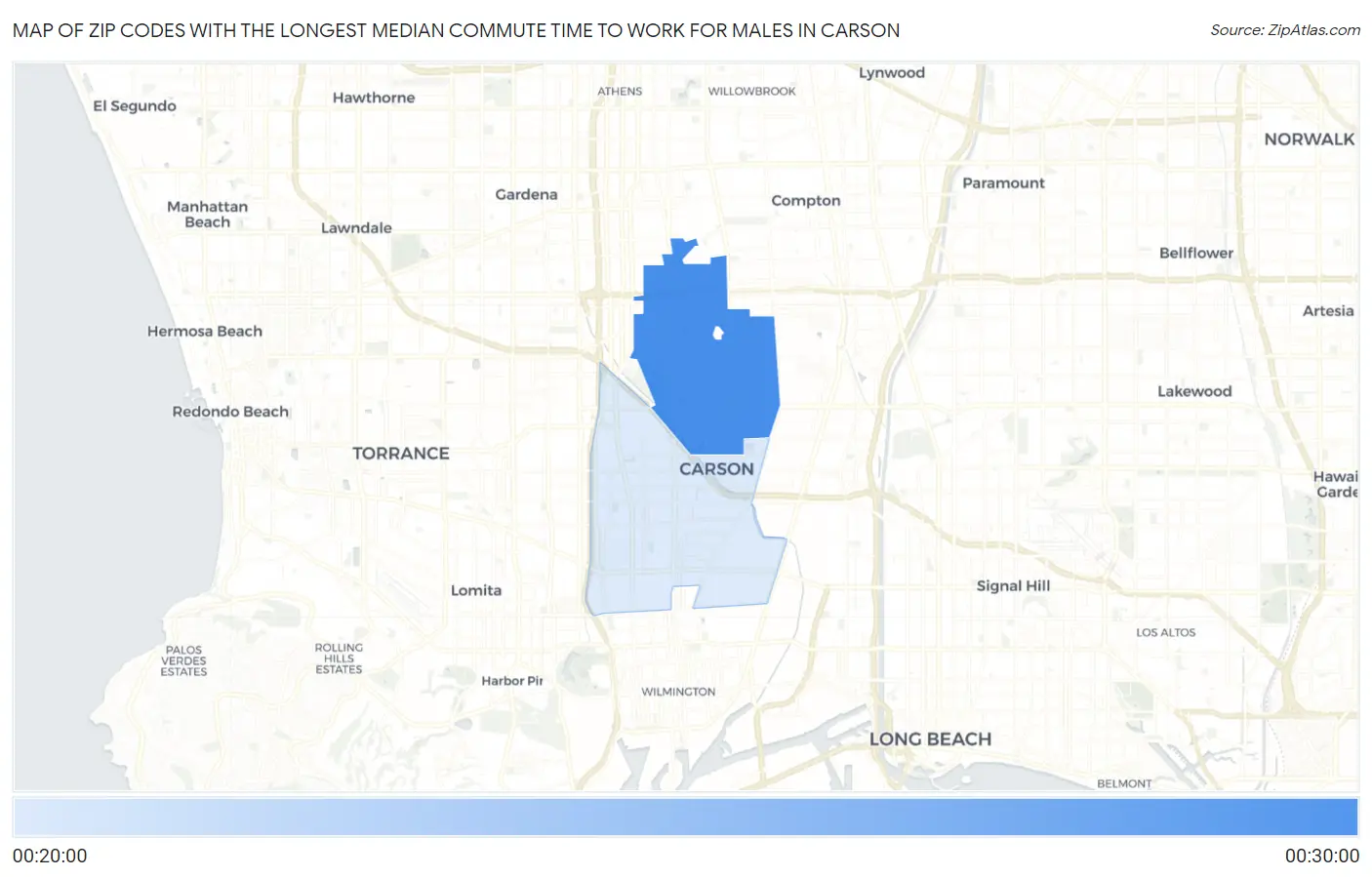 Zip Codes with the Longest Median Commute Time to Work for Males in Carson Map