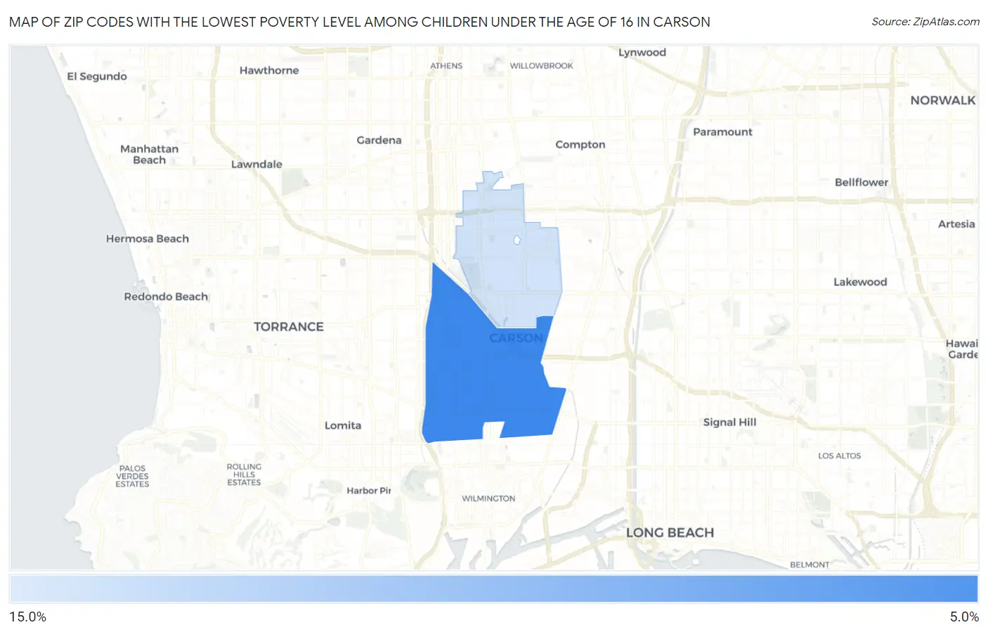 Zip Codes with the Lowest Poverty Level Among Children Under the Age of 16 in Carson Map