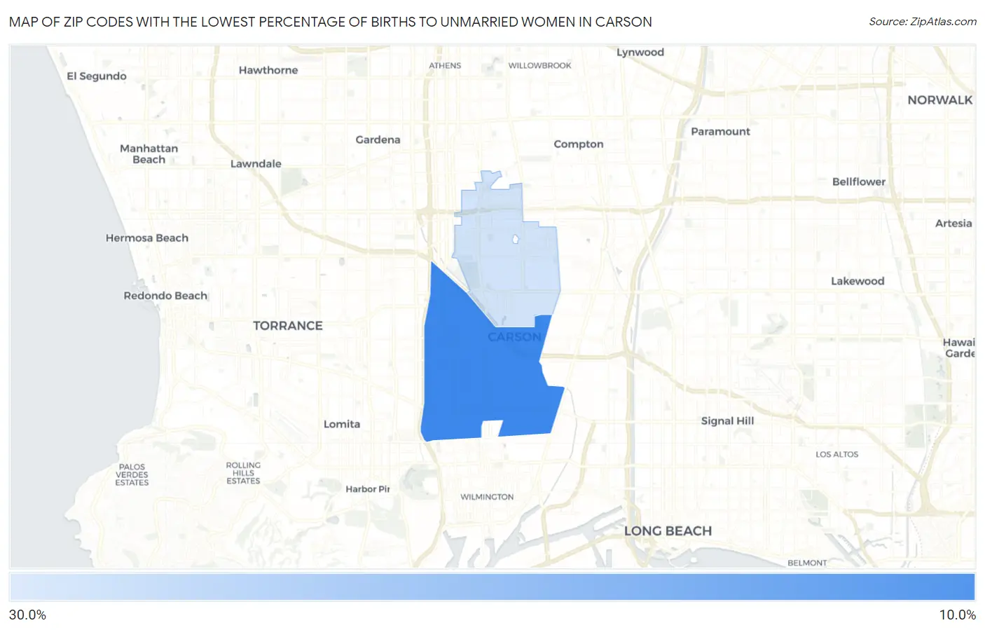 Zip Codes with the Lowest Percentage of Births to Unmarried Women in Carson Map