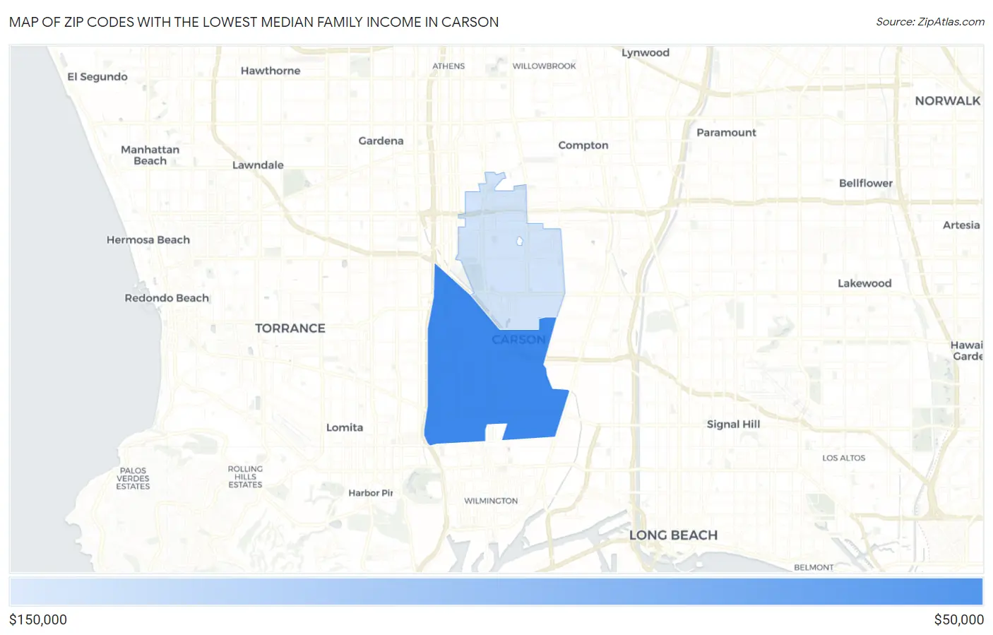 Zip Codes with the Lowest Median Family Income in Carson Map