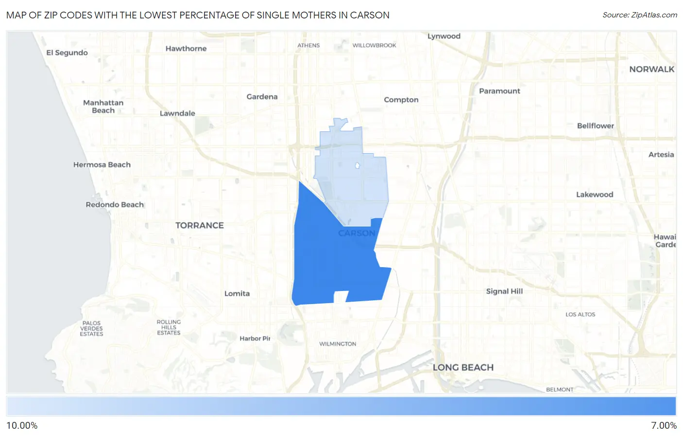 Zip Codes with the Lowest Percentage of Single Mothers in Carson Map