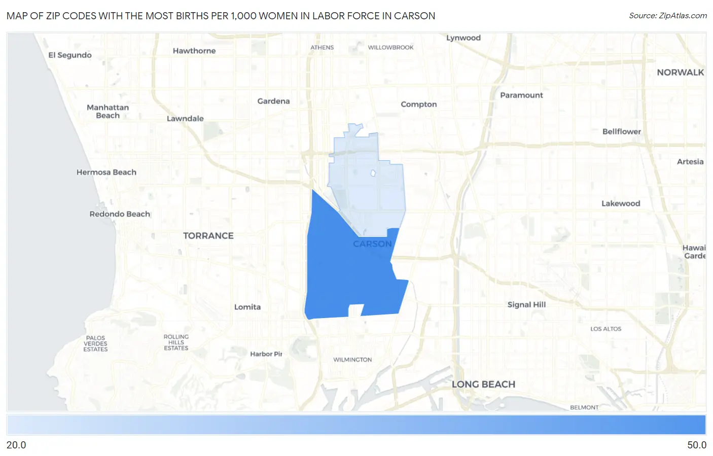 Zip Codes with the Most Births per 1,000 Women in Labor Force in Carson Map