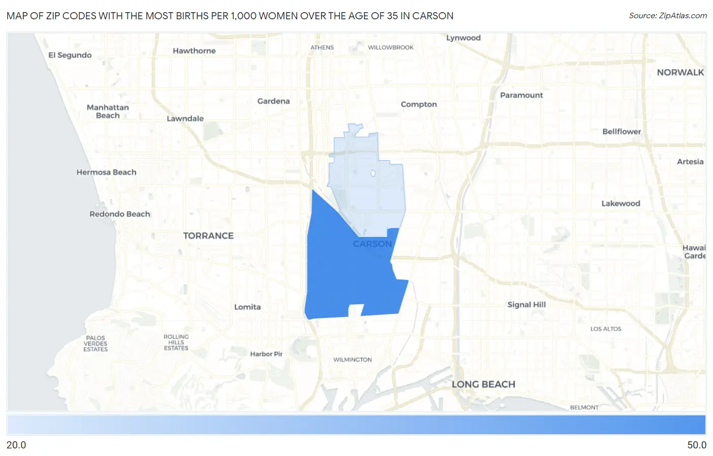 Zip Codes with the Most Births per 1,000 Women Over the Age of 35 in Carson Map