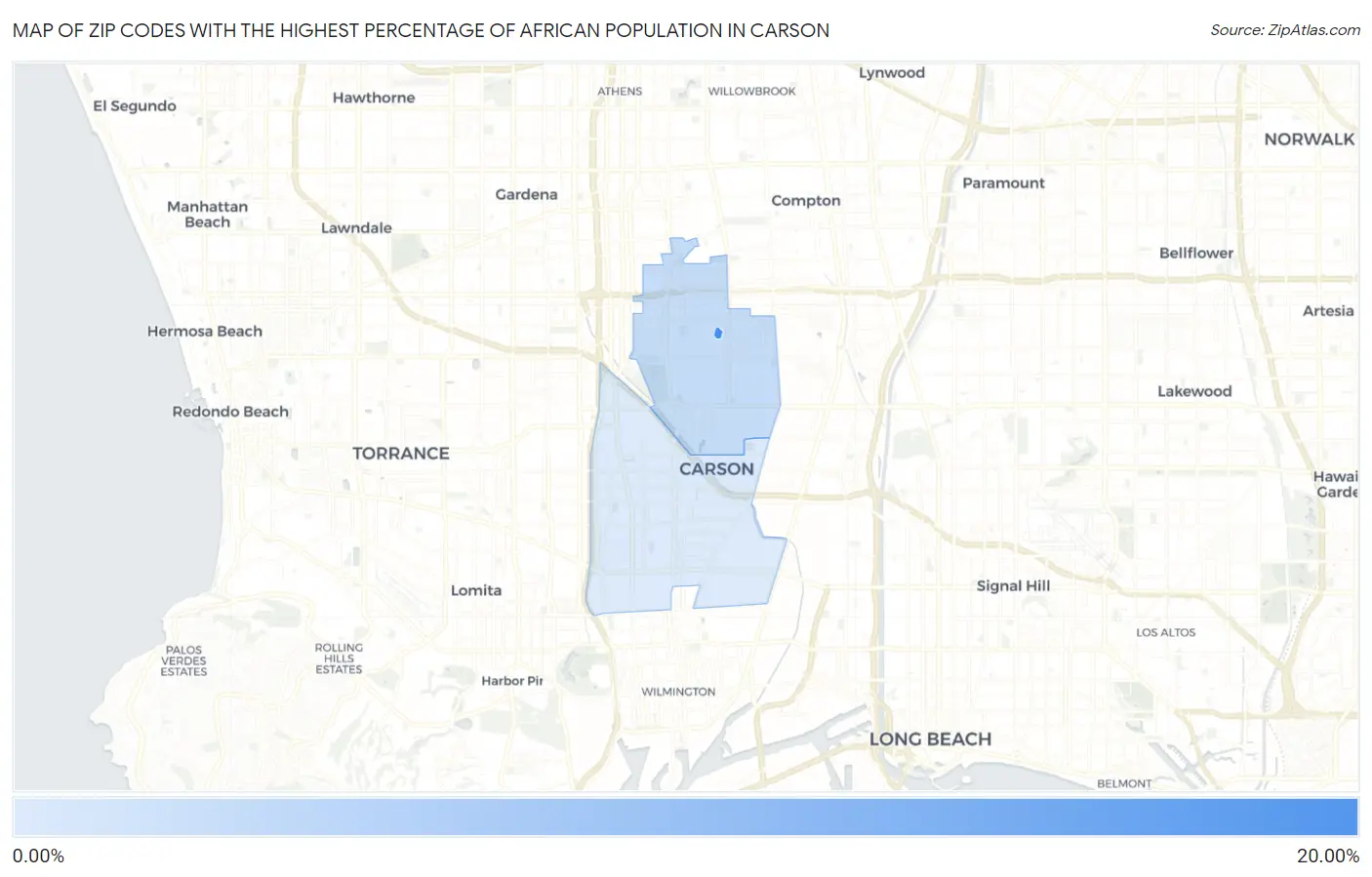 Zip Codes with the Highest Percentage of African Population in Carson Map