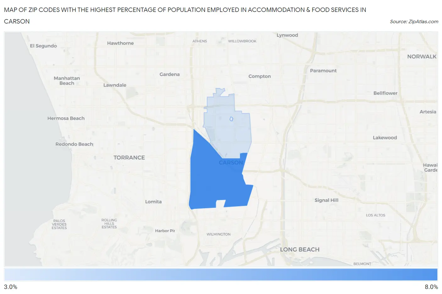 Zip Codes with the Highest Percentage of Population Employed in Accommodation & Food Services in Carson Map