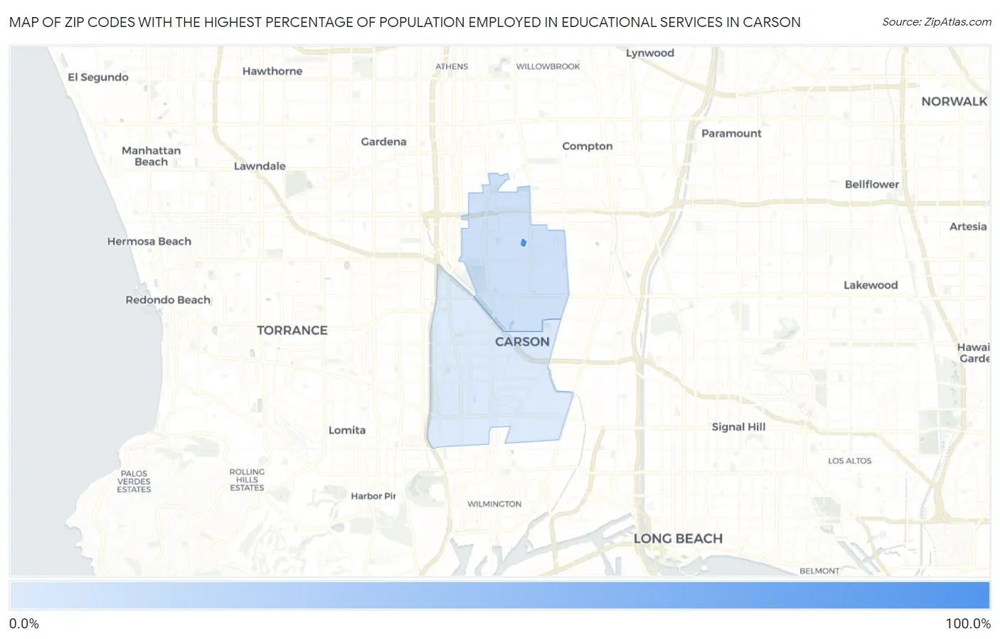 Zip Codes with the Highest Percentage of Population Employed in Educational Services in Carson Map