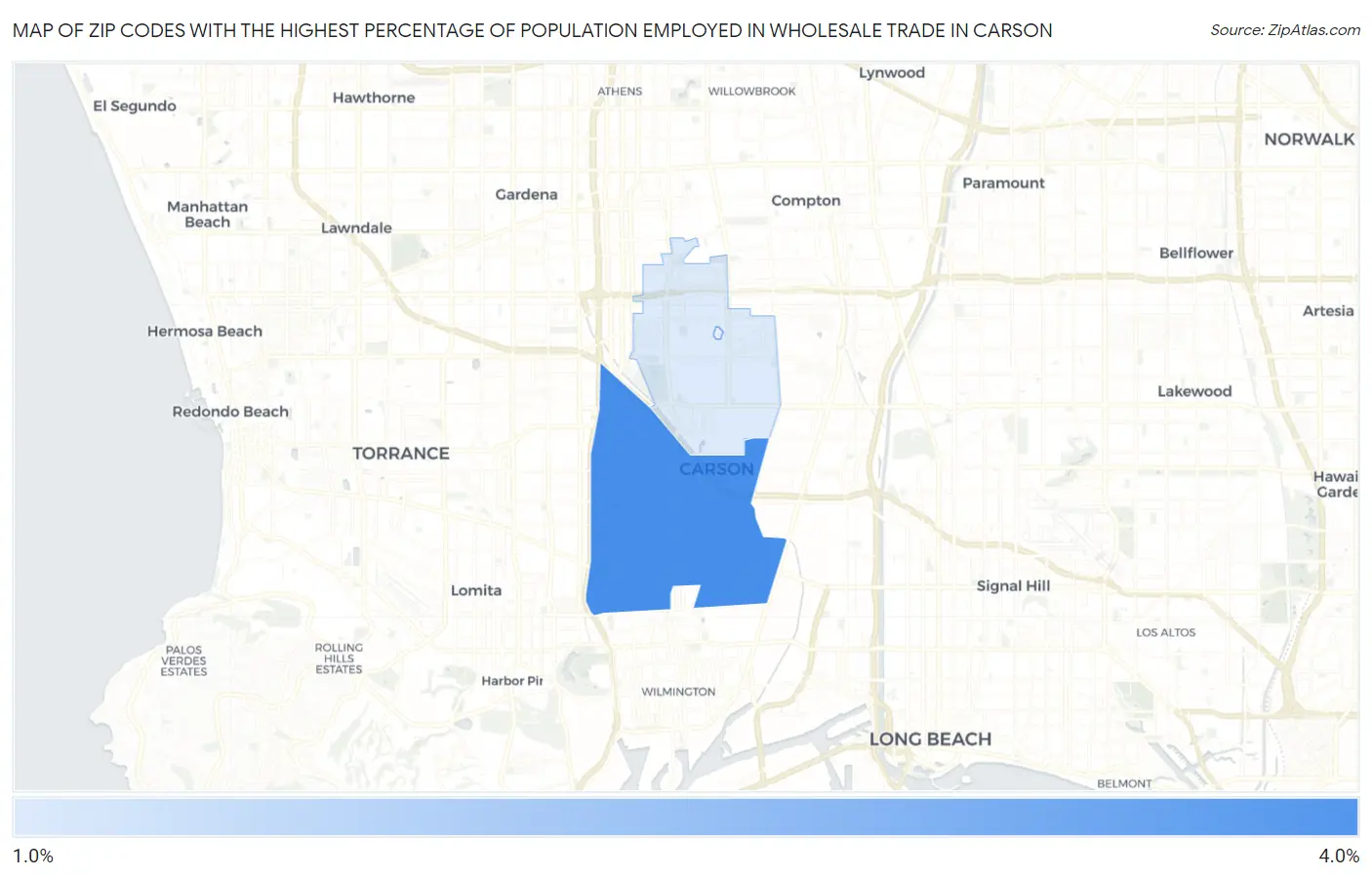 Zip Codes with the Highest Percentage of Population Employed in Wholesale Trade in Carson Map