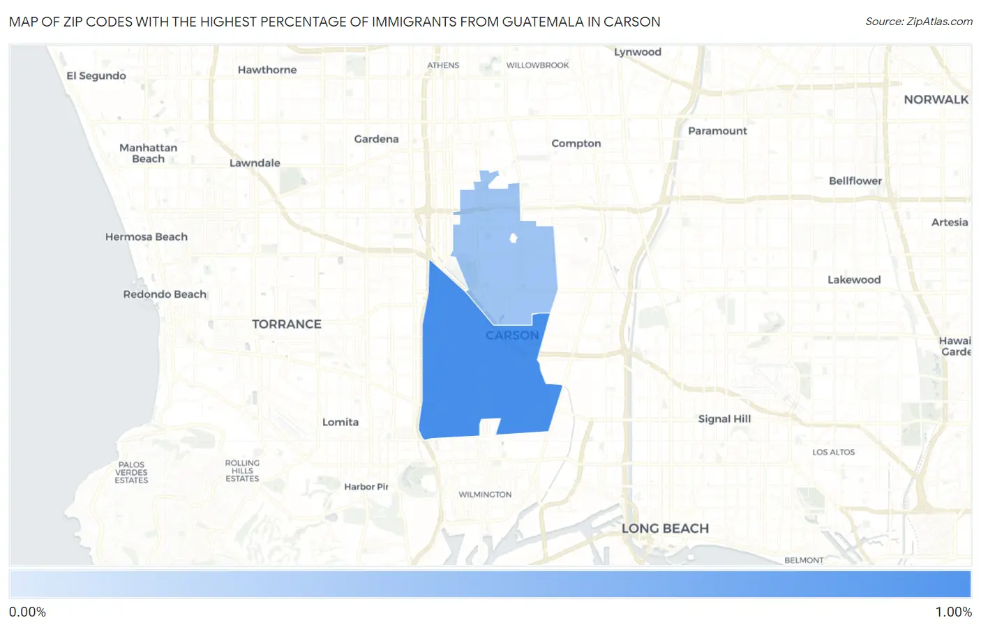 Zip Codes with the Highest Percentage of Immigrants from Guatemala in Carson Map
