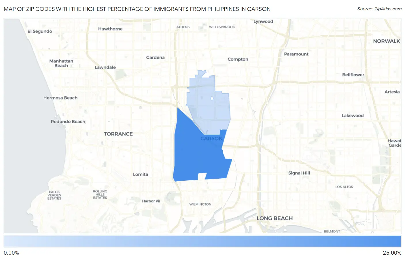 Zip Codes with the Highest Percentage of Immigrants from Philippines in Carson Map
