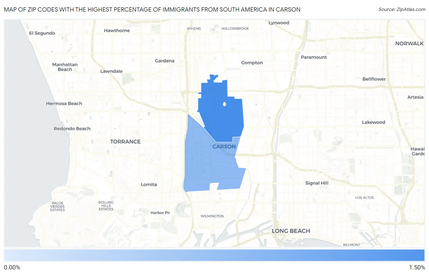 Zip Codes with the Highest Percentage of Immigrants from South America in Carson Map