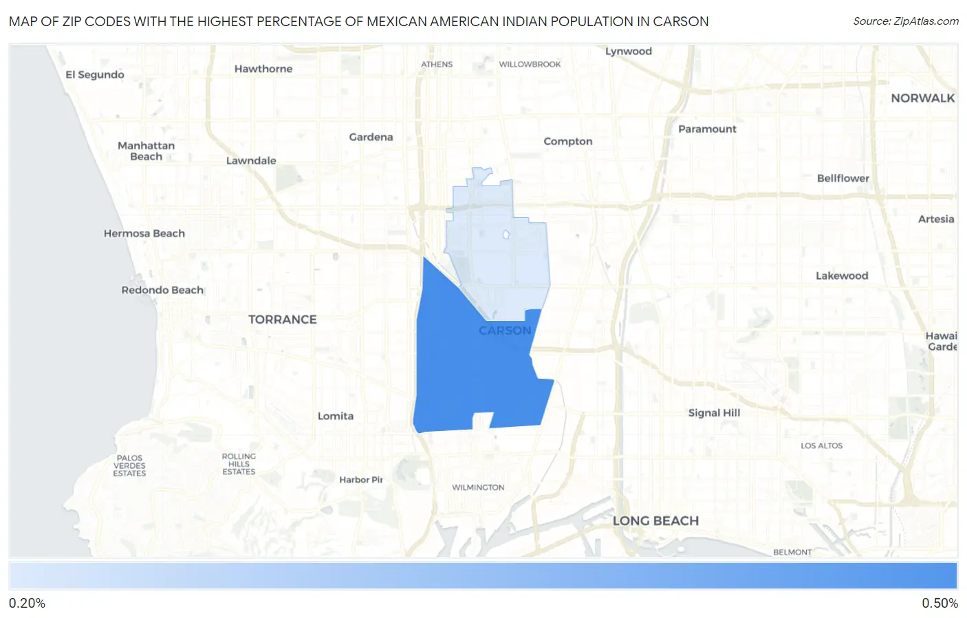 Zip Codes with the Highest Percentage of Mexican American Indian Population in Carson Map