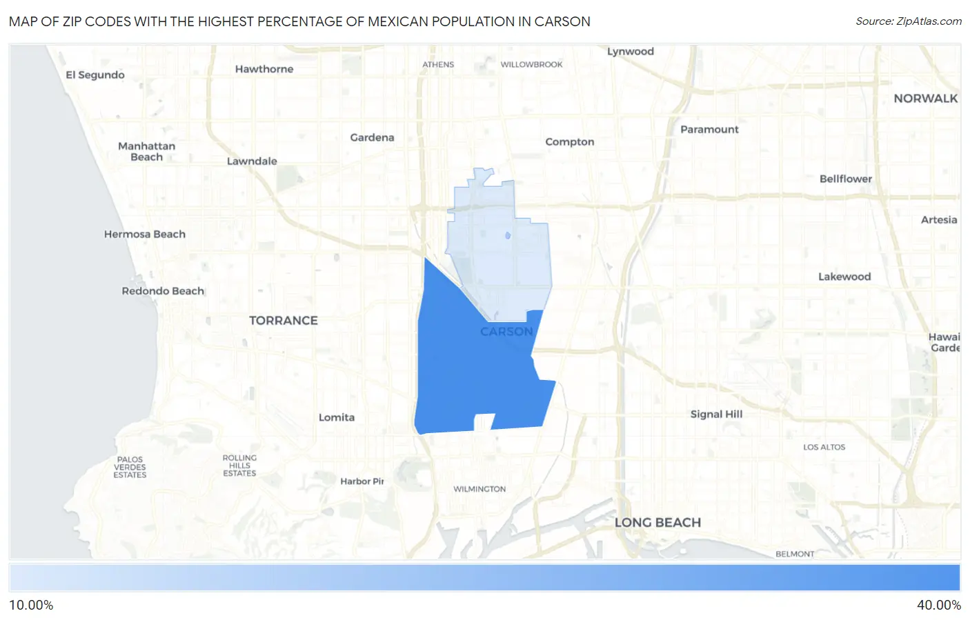 Zip Codes with the Highest Percentage of Mexican Population in Carson Map
