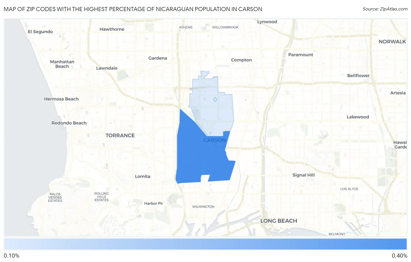 Zip Codes with the Highest Percentage of Nicaraguan Population in Carson Map