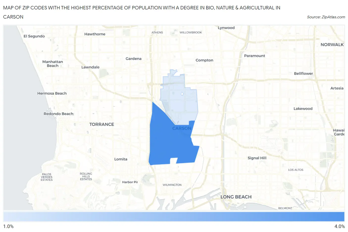 Zip Codes with the Highest Percentage of Population with a Degree in Bio, Nature & Agricultural in Carson Map