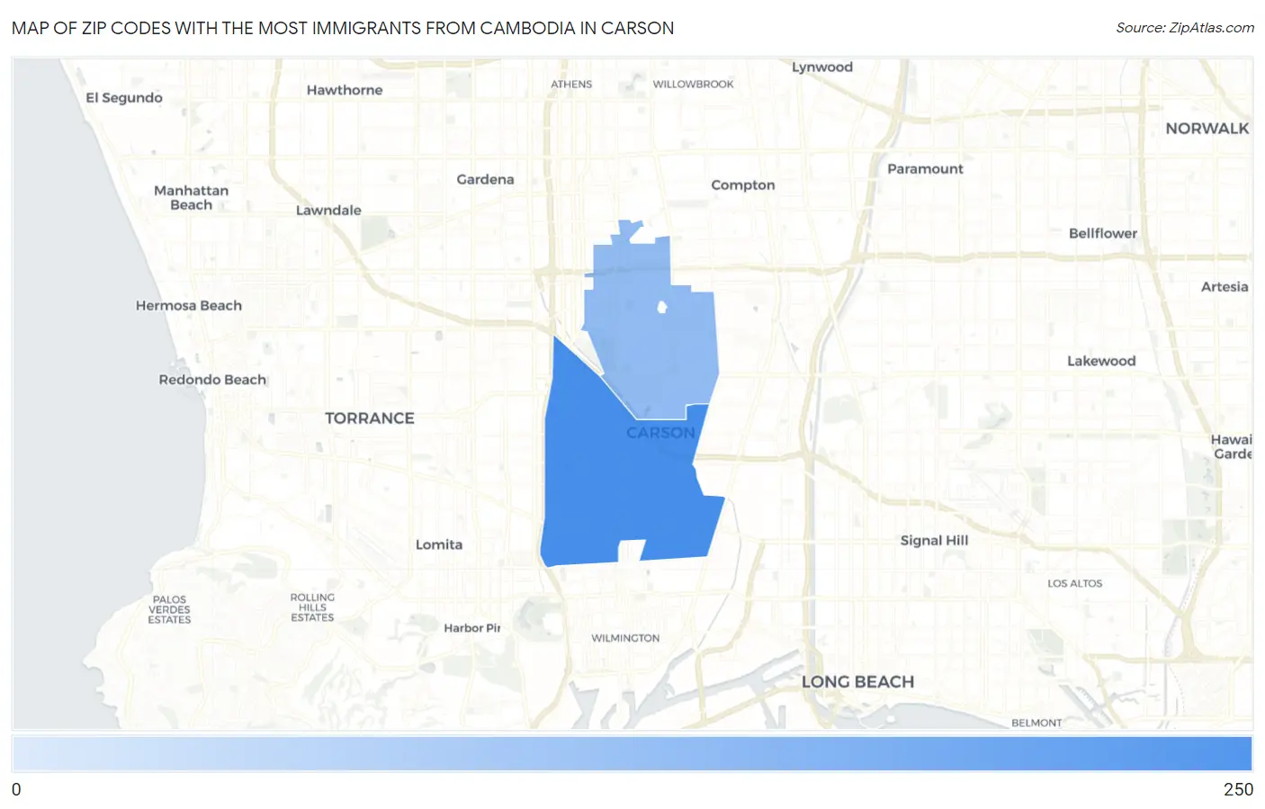 Zip Codes with the Most Immigrants from Cambodia in Carson Map