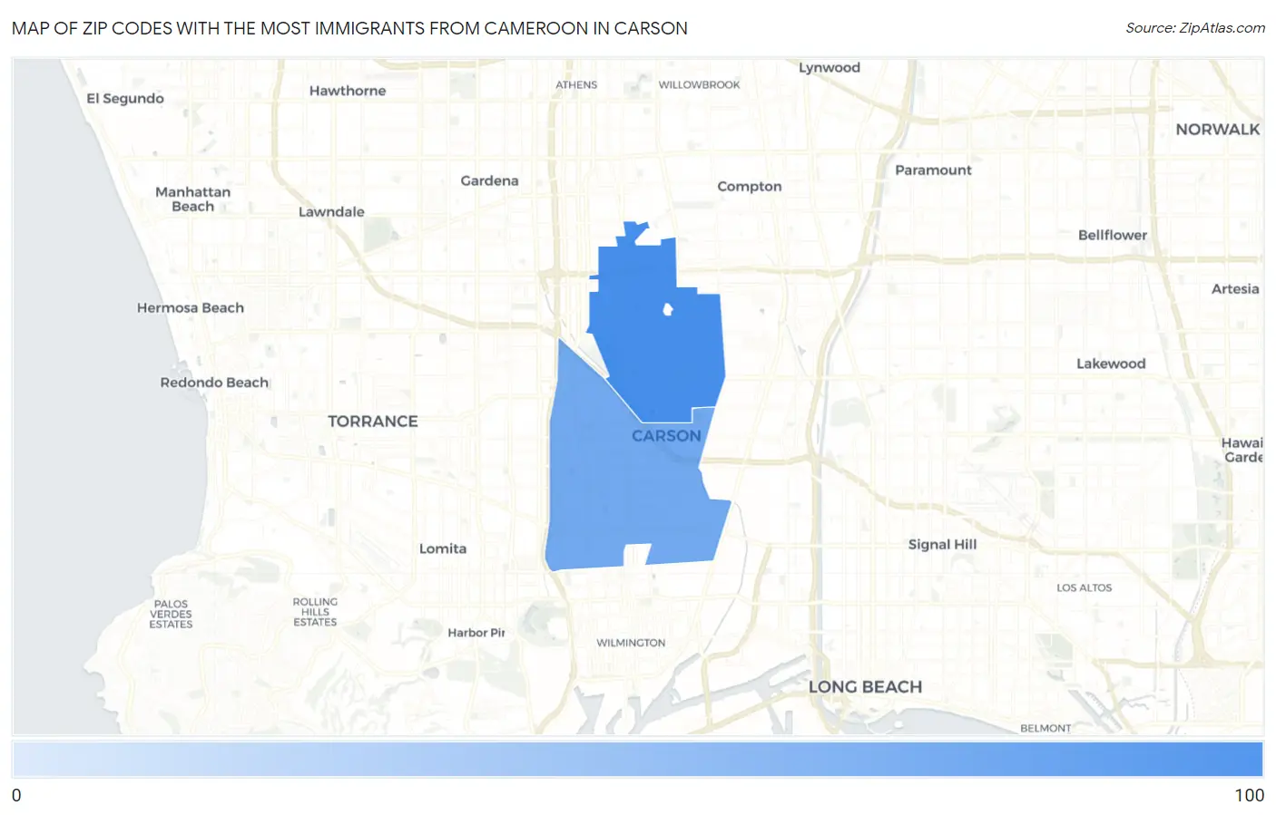 Zip Codes with the Most Immigrants from Cameroon in Carson Map