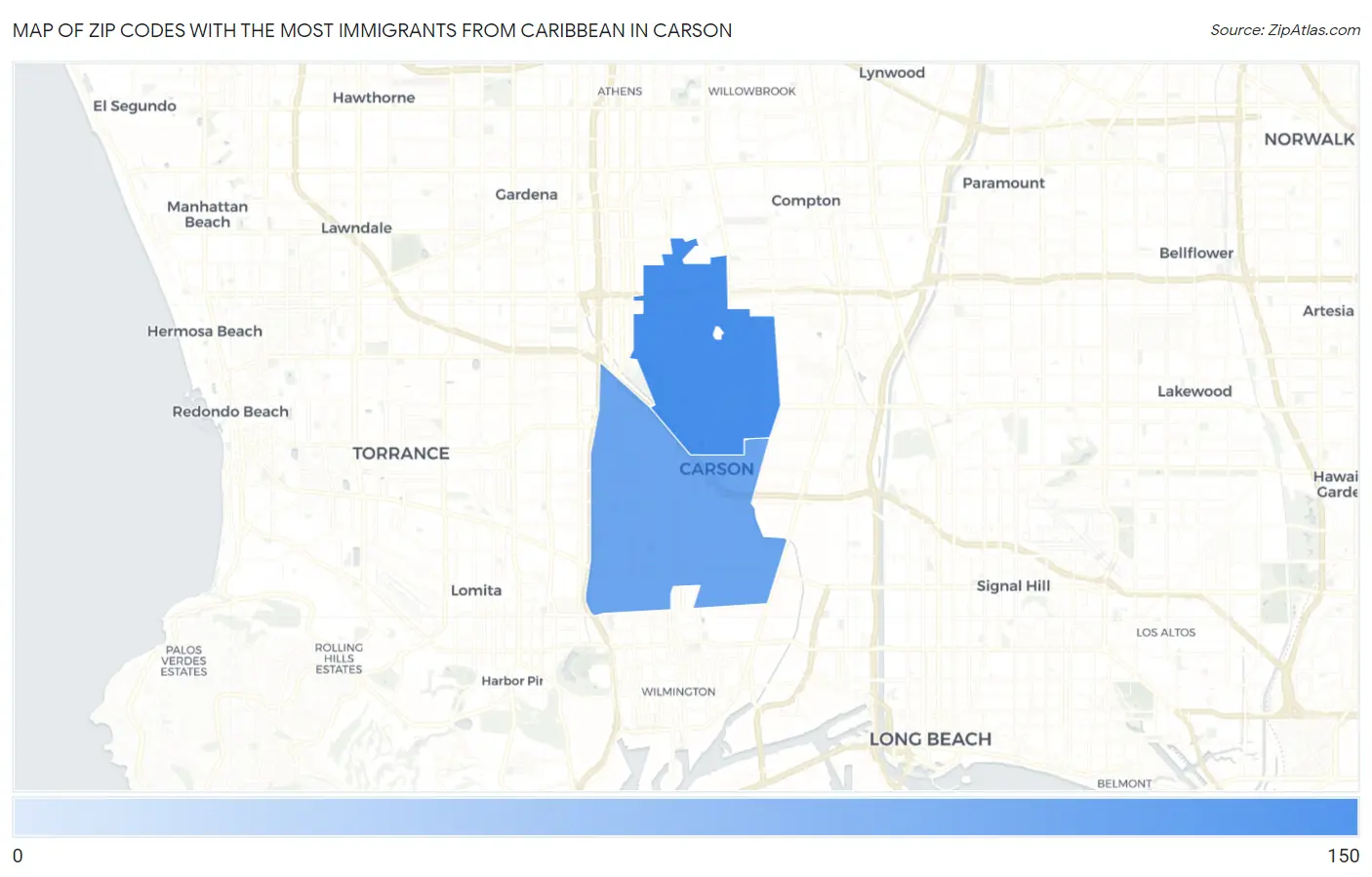 Zip Codes with the Most Immigrants from Caribbean in Carson Map